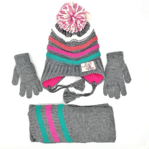 Детски комплект шал шапка и ръкавици Kitti за момиче в сиво и розово