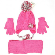 Детски зимен комплект шапка шал и ръкавици за момиче Kitti  в розово с цвете