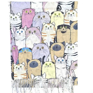 Дамски шал с котки бежов от памук