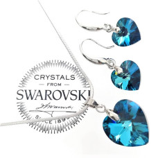 Колие с обеци във формата на сърце със сини кристали Swarovski